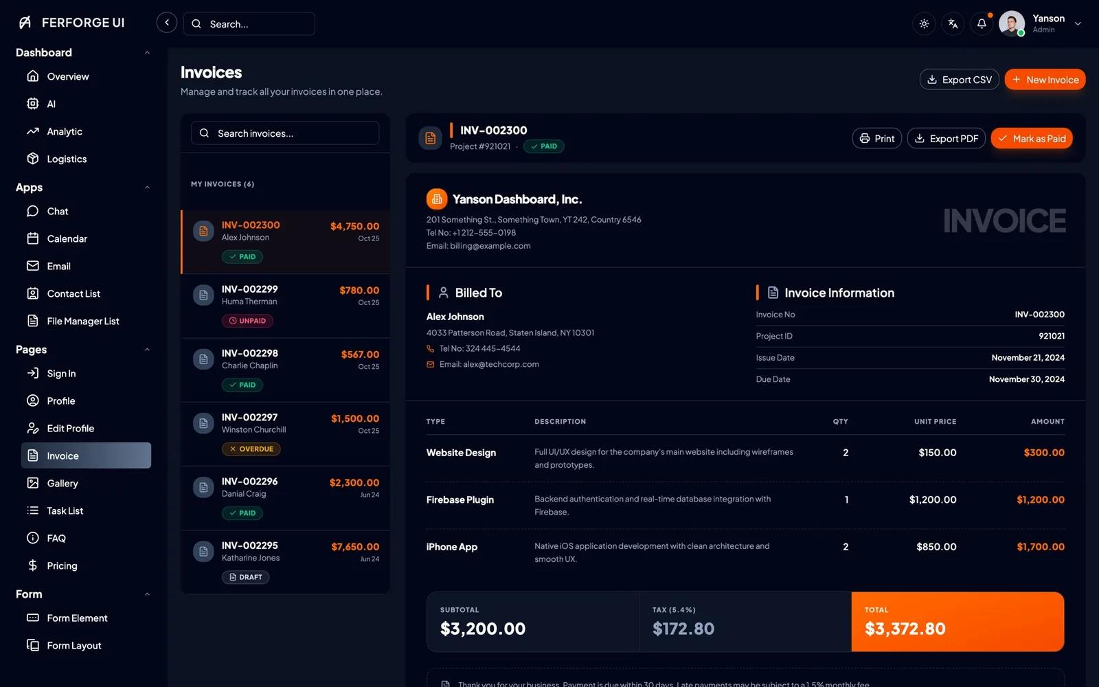 Invoice page